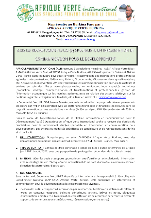 Afrique Verte International recrute un(e) spécialiste en information et communication pour le développement